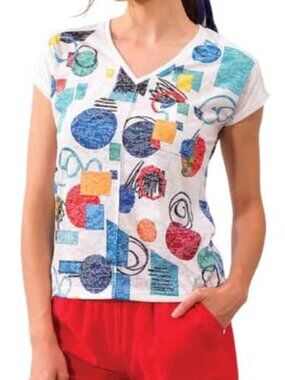 Alison Sheri Bright Geometric Short Sleeves Pullover V Neck Tee One of a Kind XS